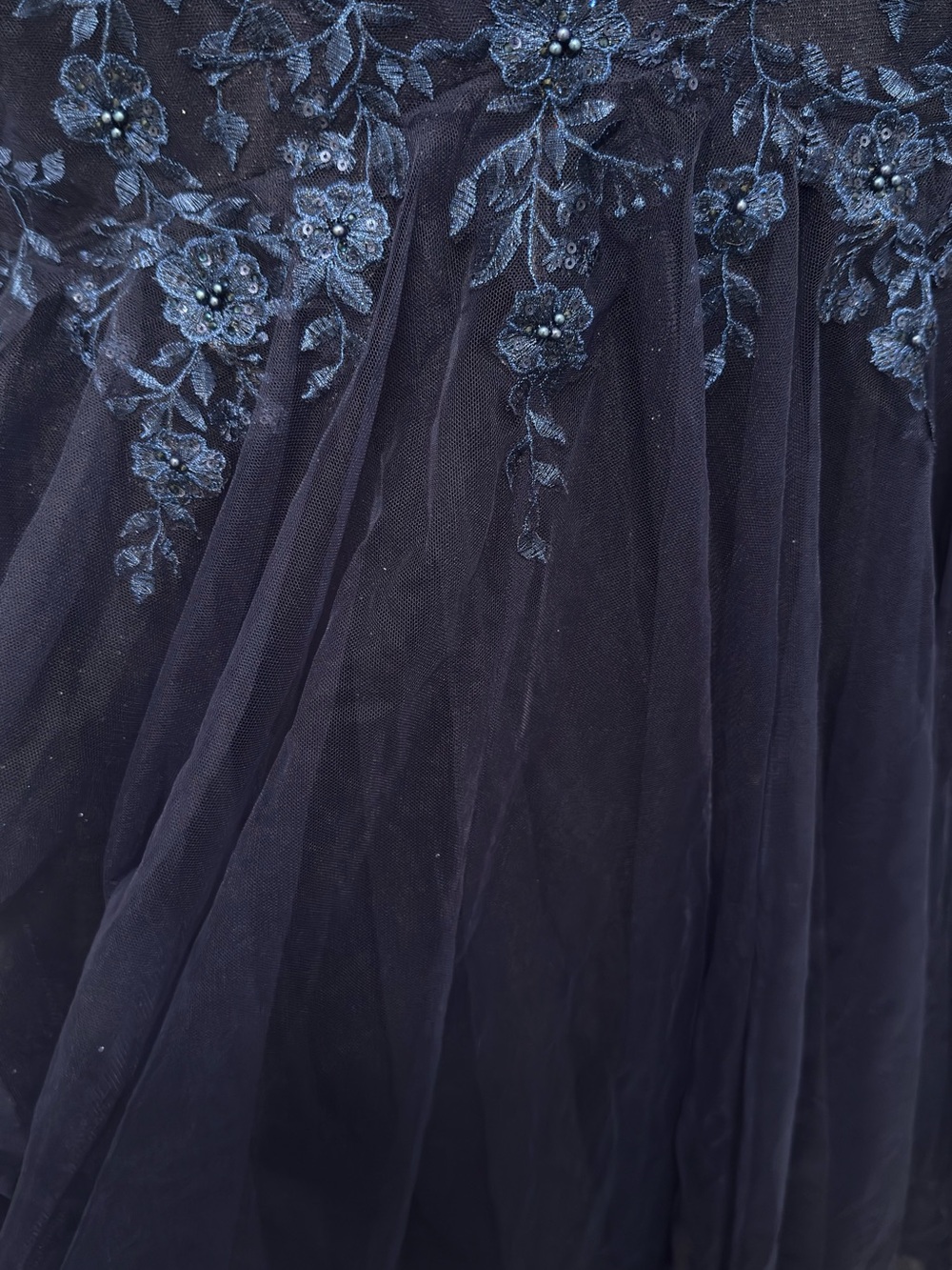 JVN by Jovani Navy Blue Lace & Tulle Mermaid Gown - Picture 3 of 5